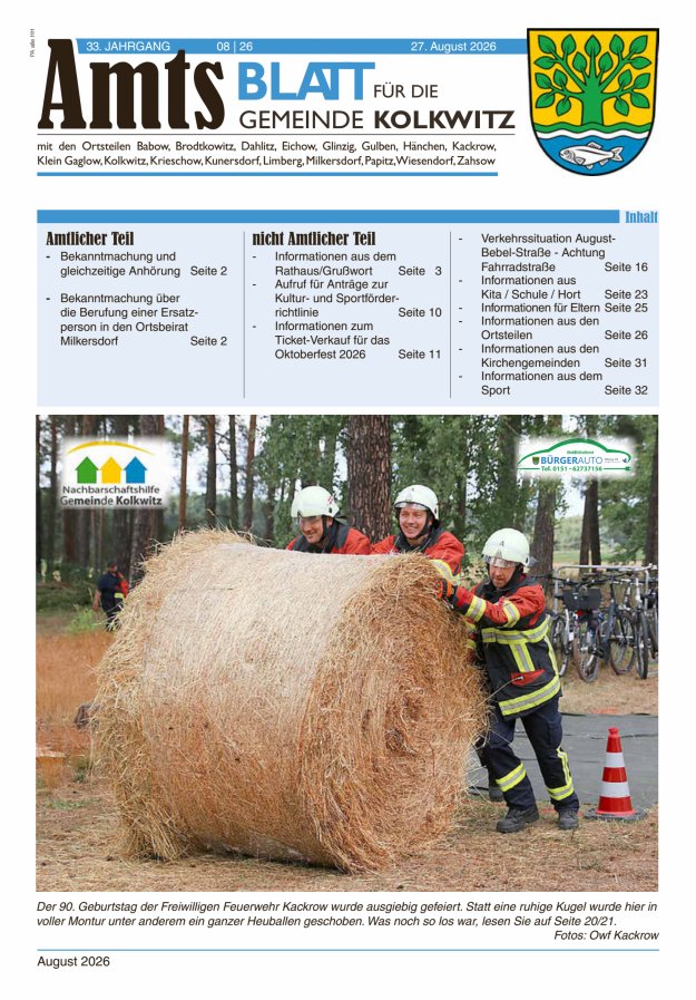 Amtsblatt für die Gemeinde Kolkwitz  Titelblatt 08/2026
