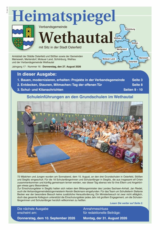 Heimatspiegel Verbandsgemeinde Wethautal mit Sitz in der Stadt Osterfeld Titelblatt 16/2026