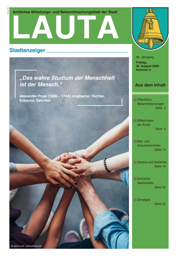 Amtliches Mitteilungs- und Bekanntmachungsblatt der Stadt Lauta - Stadtanzeiger Titelblatt 08/2026