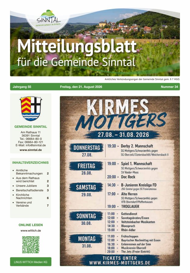 Mitteilungsblatt für die Gemeinde Sinntal Titelblatt 34/2026