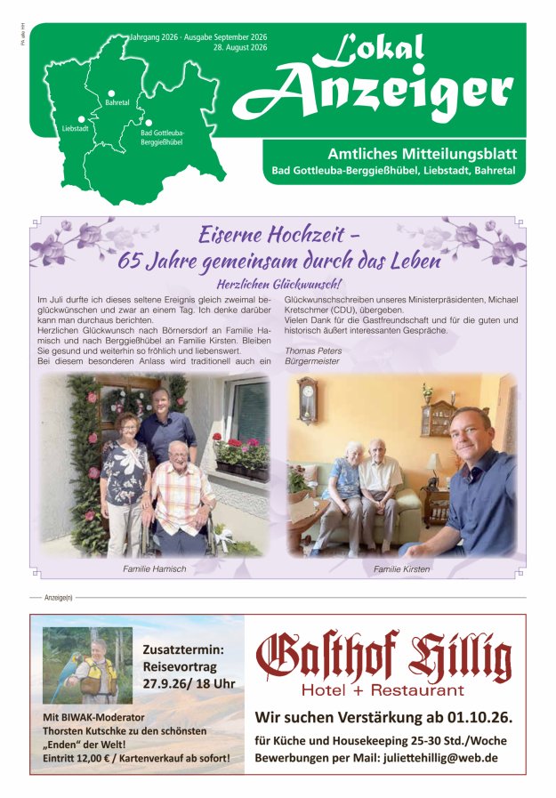 Lokal-Anzeiger - Amtliches Mitteilungsblatt Bad Gottleuba-Berggießhübel, Liebstadt, Bahretal Titelblatt 08/2026