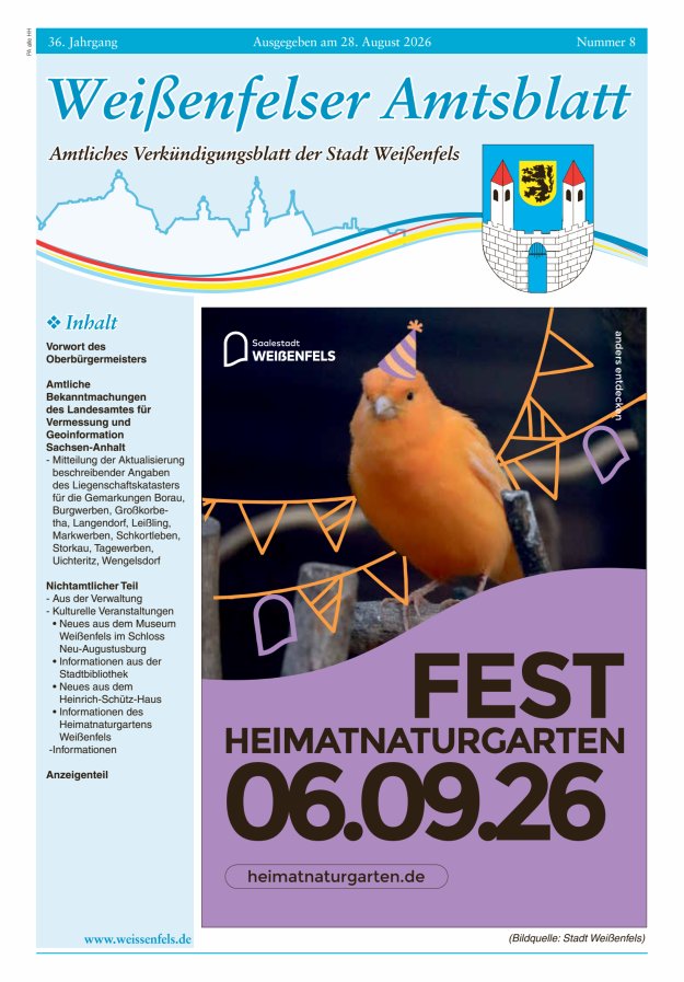Weißenfelser Amtsblatt – Amtliches Verkündungsblatt der Stadt Weißenfels Titelblatt 08/2026