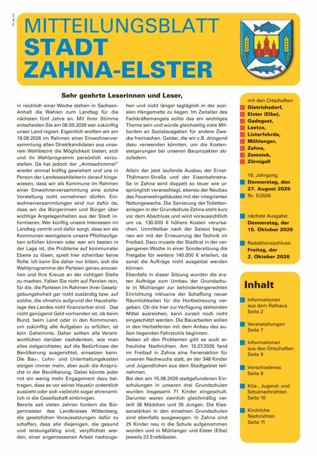 Mitteilungsblatt Stadt Zahna-Elster mit den Ortschaften Titelblatt 05/2026