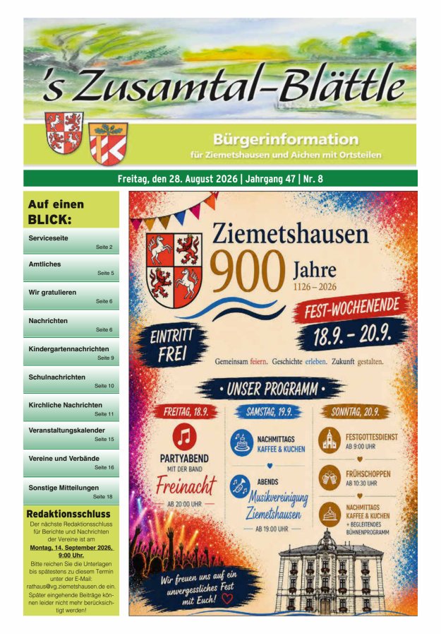 's Zusamtal-Blättle Bürgerinformationen für Ziemetshausen und Aichen mit OTen Titelblatt 08/2026