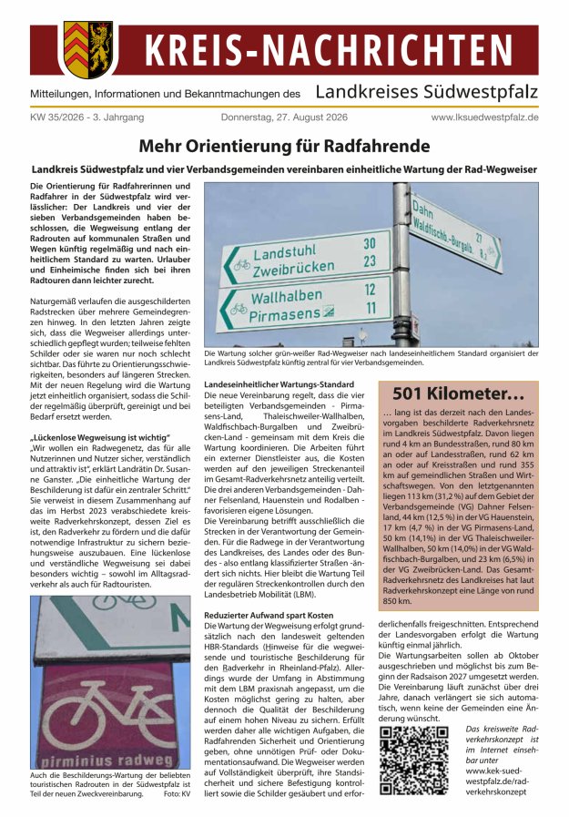 Kreis-Nachrichten - Mitteilungen des Landkreises Südwestpfalz Titelblatt 18/2026