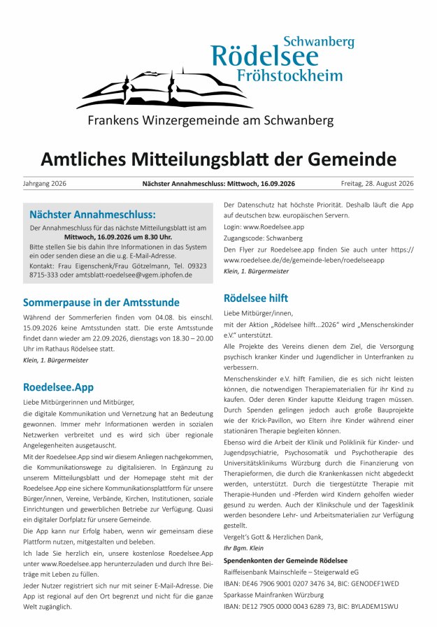 Amtliches Mitteilungsblatt der Gemeinde Rödelsee Titelblatt 08/2026