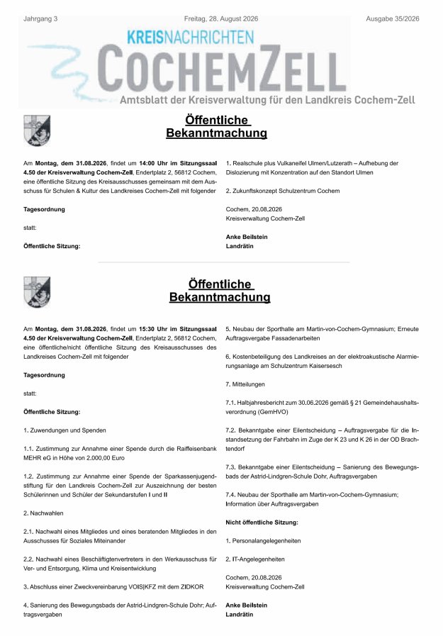 Kreisnachrichten Cochem-Zell Titelblatt 35/2026