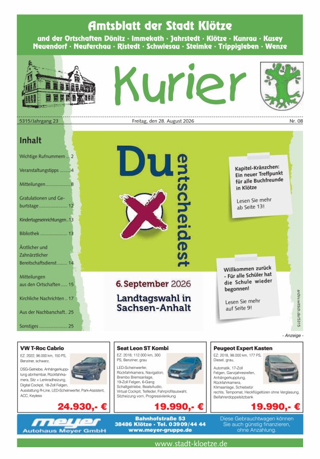 Stadt Klötze Kurier Titelblatt 08/2026