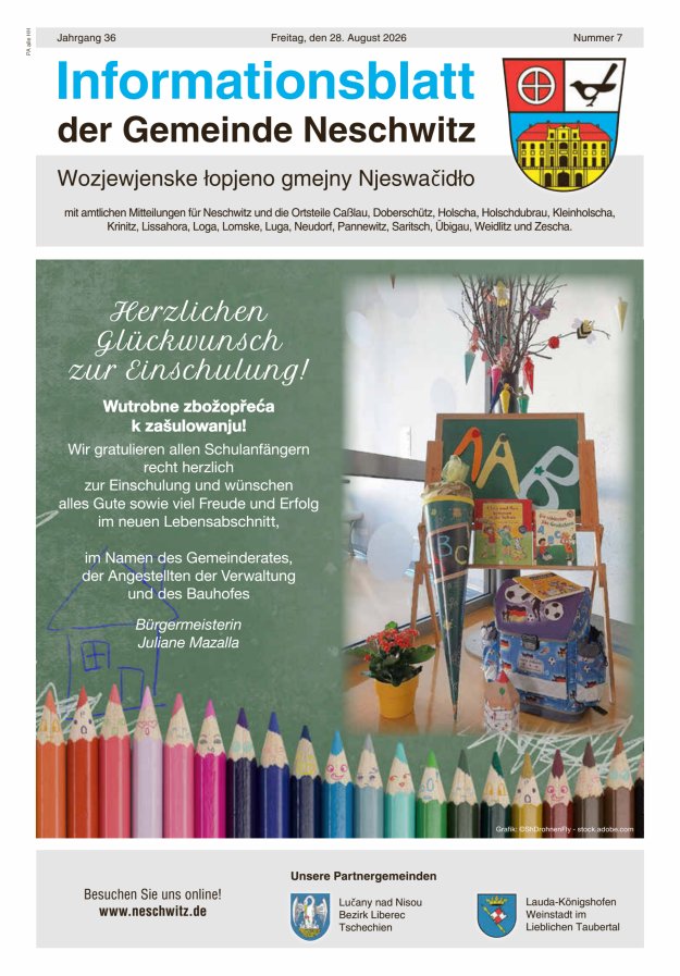 Informationsblatt der Gemeinde Neschwitz mit amtlichen Mitteilungen Titelblatt 07/2026