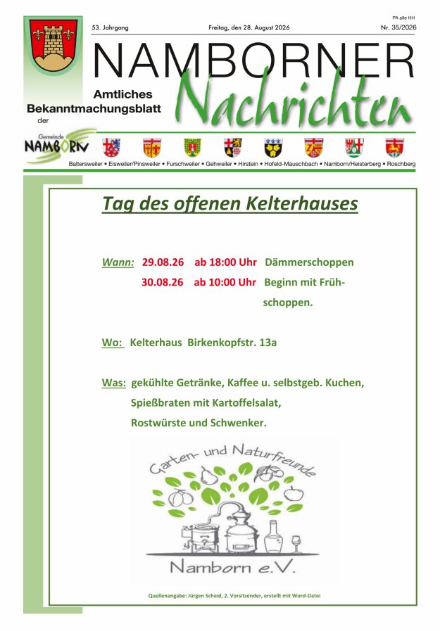 Namborner Nachrichten Titelblatt 35/2026