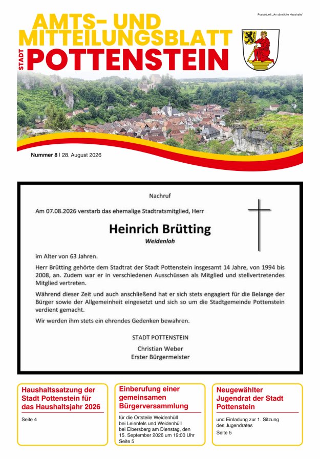 Amts- und Mitteilungsblatt der Stadt Pottenstein Titelblatt 08/2026