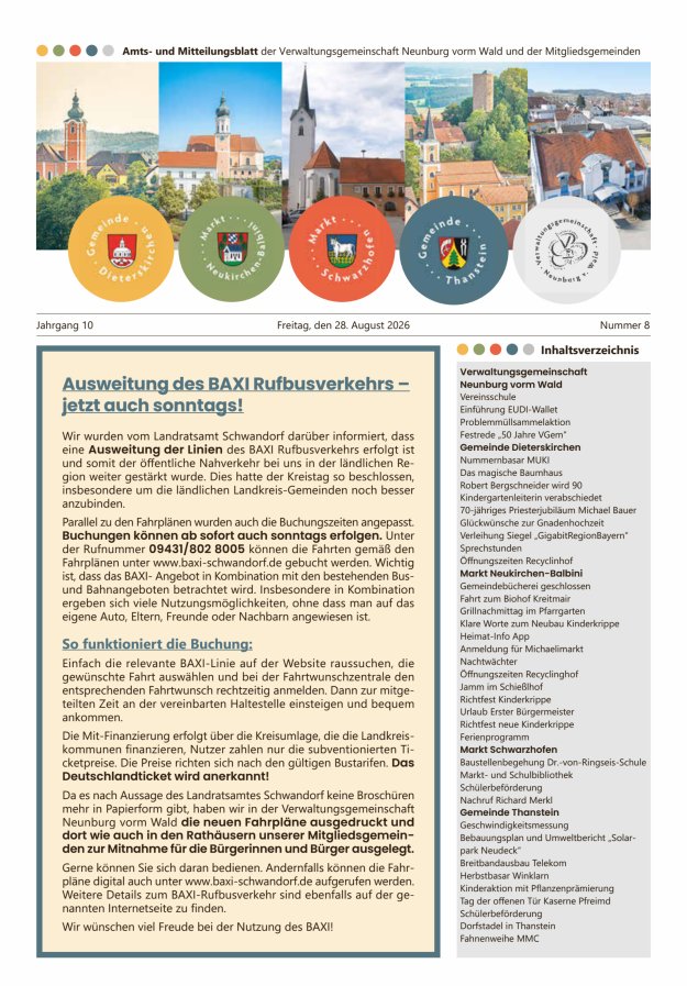 Amts- u Mitteilungsblatt der VG Neunburg vorm Wald u d Mitgliedsgemeinden Titelblatt 08/2026