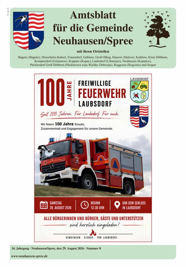 Mitteilungsblatt – Amtsblatt für die Gemeinde Neuhausen/Spree Titelblatt 08/2026