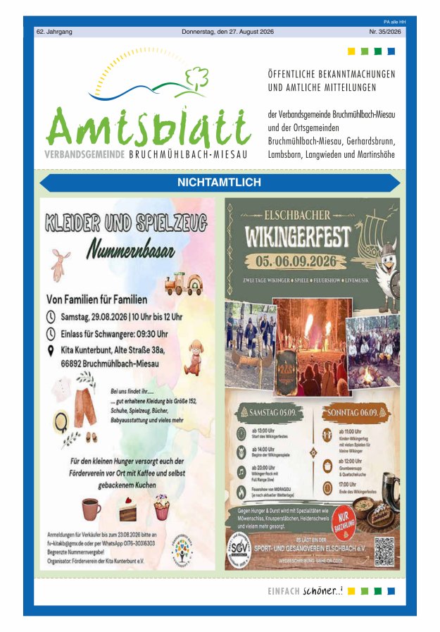 Amtsblatt der VG Bruchmühlbach-Miesau Titelblatt 35/2026