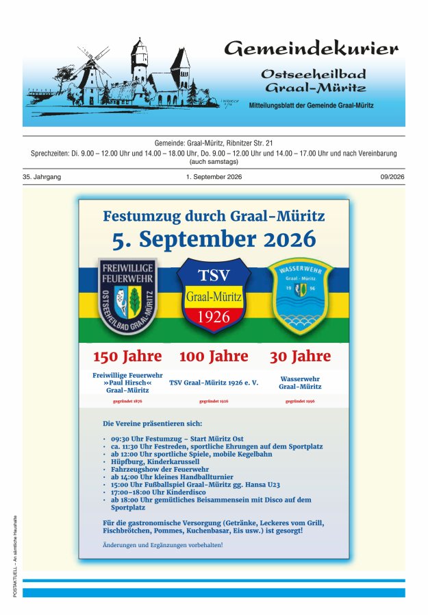 Gemeindekurier Ostseeheilbad Graal-Müritz Titelblatt 09/2026