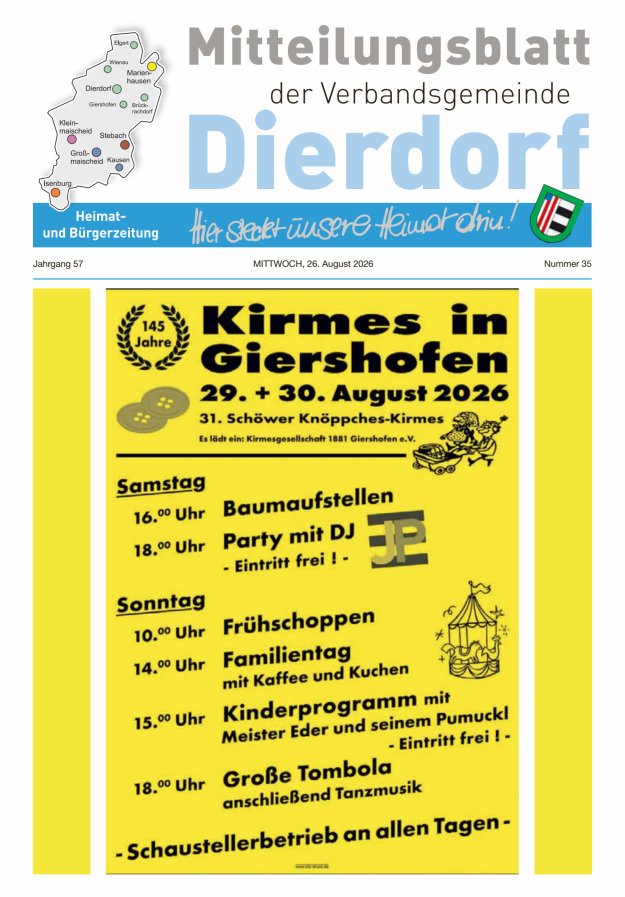 Mitteilungsblatt der Verbandsgemeinde Dierdorf Titelblatt 35/2026