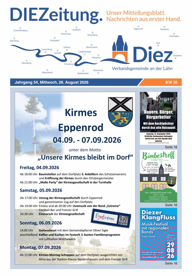 DIEZeitung - Mitteilungsblatt der Verbandsgemeinde Diez  Titelblatt 35/2026