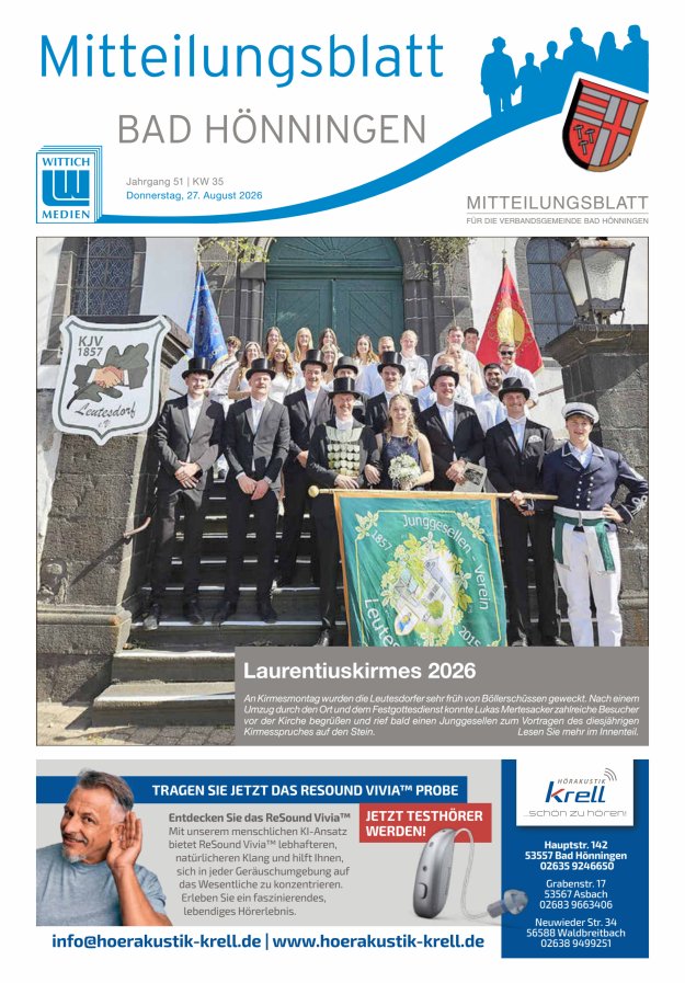 Mitteilungsblatt für den Bereich der Verbandsgemeinde Bad Hönningen Titelblatt 35/2026