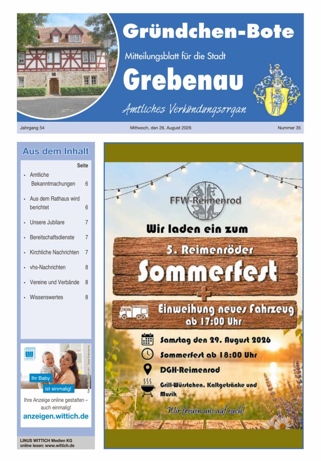 Grebenau - Gründchen Bote - Mitteilungsblatt für die Stadt Grebenau Titelblatt 35/2026