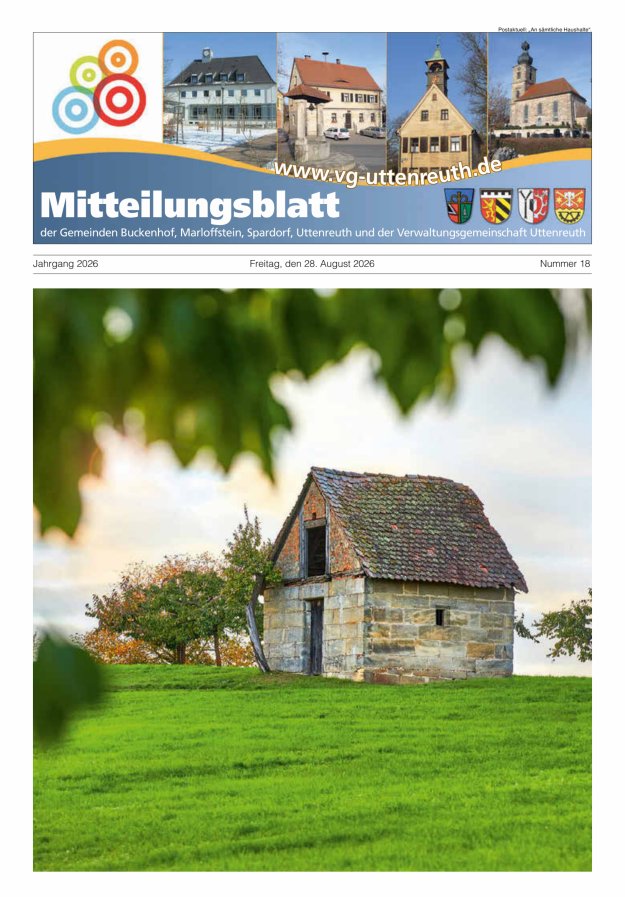 Mitteilungsblatt der Verwaltungsgemeinschaft Uttenreuth Titelblatt 18/2026