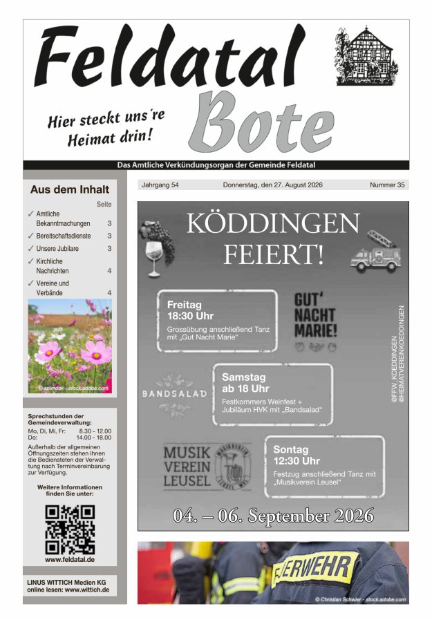 Das Amtliche Verkündungsorgan der Gemeinde Feldatal Titelblatt 35/2026