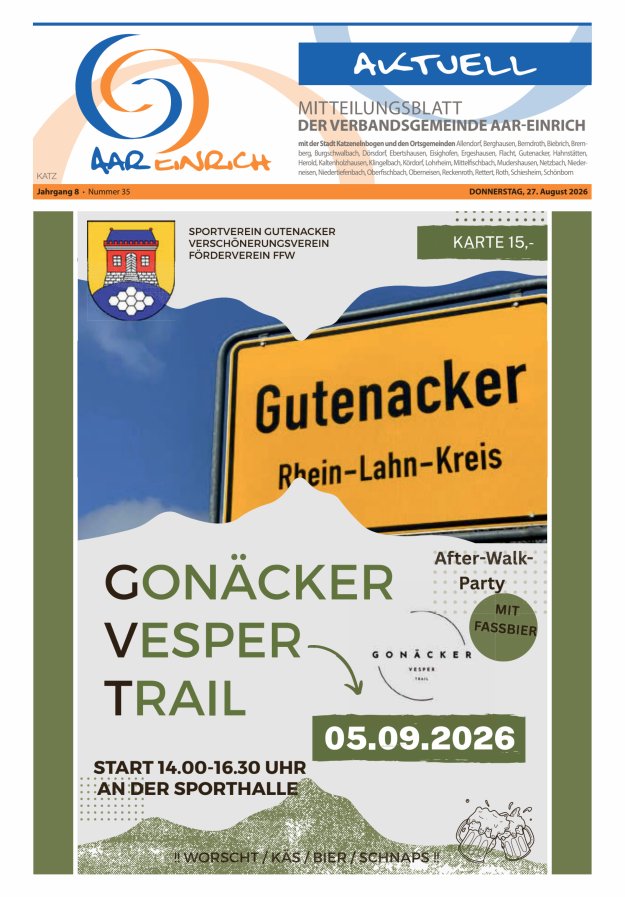 Mitteilungsblatt der Verbandsgemeinde Aar-Einrich Ausgabe Katzenelnbogen Titelblatt 34/2026