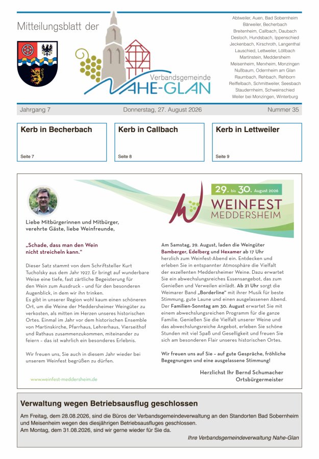 Mitteilungsblatt für die Verbandsgemeinde Nahe-Glan Titelblatt 35/2026