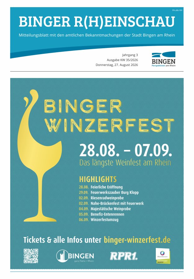 Binger R(h)einschau - Mitteilungsblatt mit den Amtlichen Bekanntmachungen der Stadt Bingen Titelblatt 35/2026