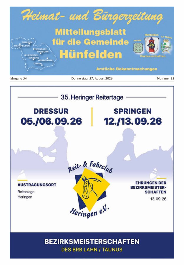 Mitteilungsblatt für die Gemeinde Hünfelden Titelblatt 35/2026