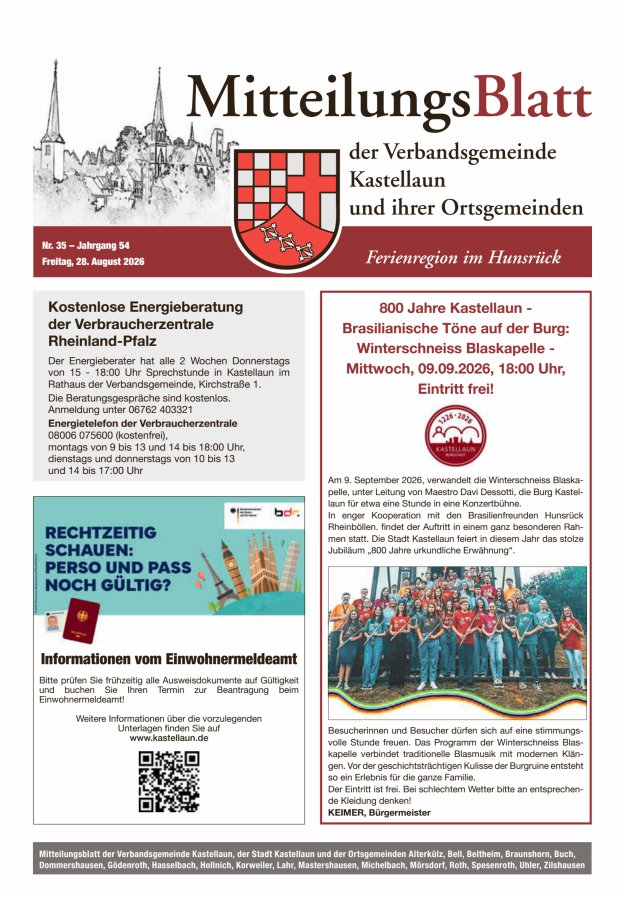 Mitteilungsblatt Kastellaun Titelblatt 35/2026