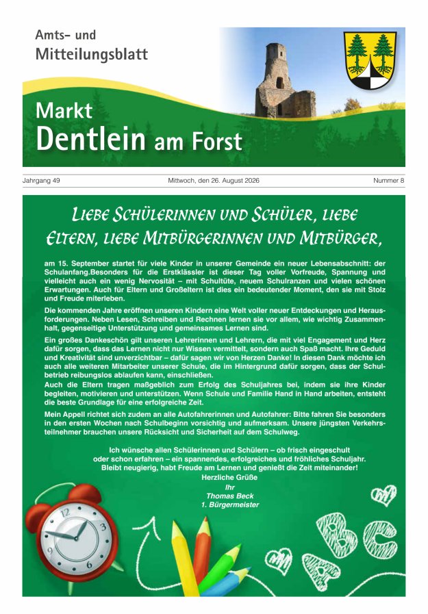 Amts- und Mitteilungsblatt Markt Dentlein am Forst Titelblatt 08/2026