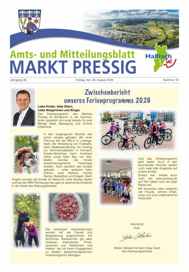 Amtsblatt für den Markt Pressig mit den Gemeindeteilen Titelblatt 18/2026