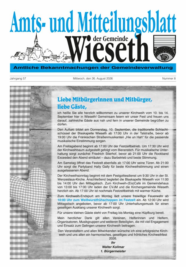 Amts- und Mitteilungsblatt der Gemeinde Wieseth Titelblatt 08/2026