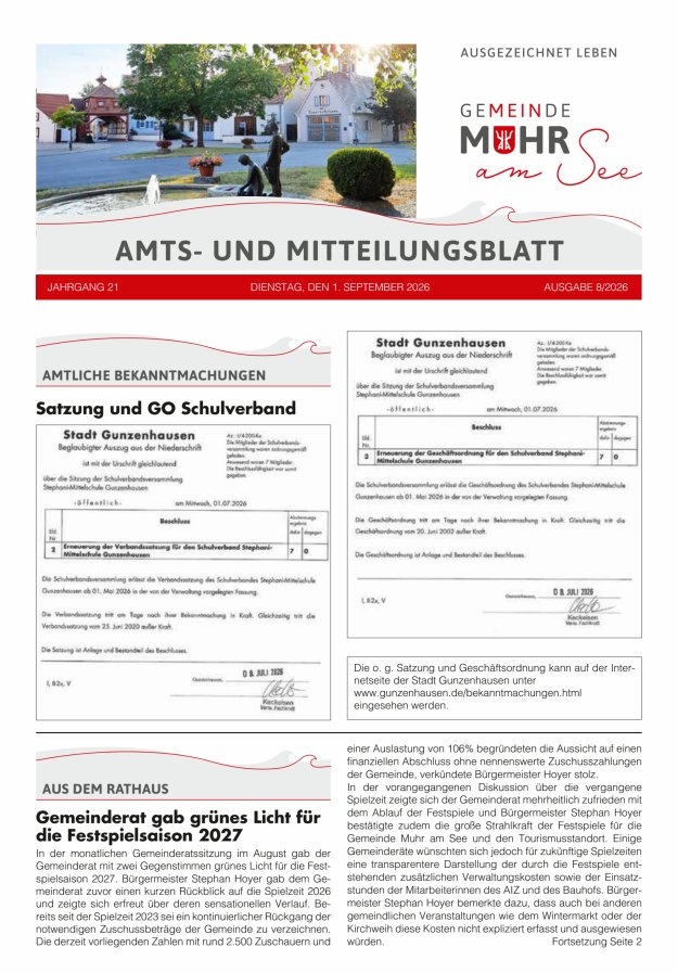 Muhrer Heimatbrief Amts- u Mitteilungsblatt der Gemeinde Muhr a See Titelblatt 08/2026