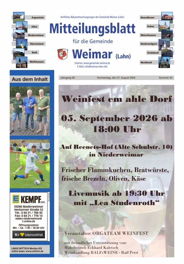 Mitteilungsblatt für die Gemeinde Weimar Titelblatt 35/2026