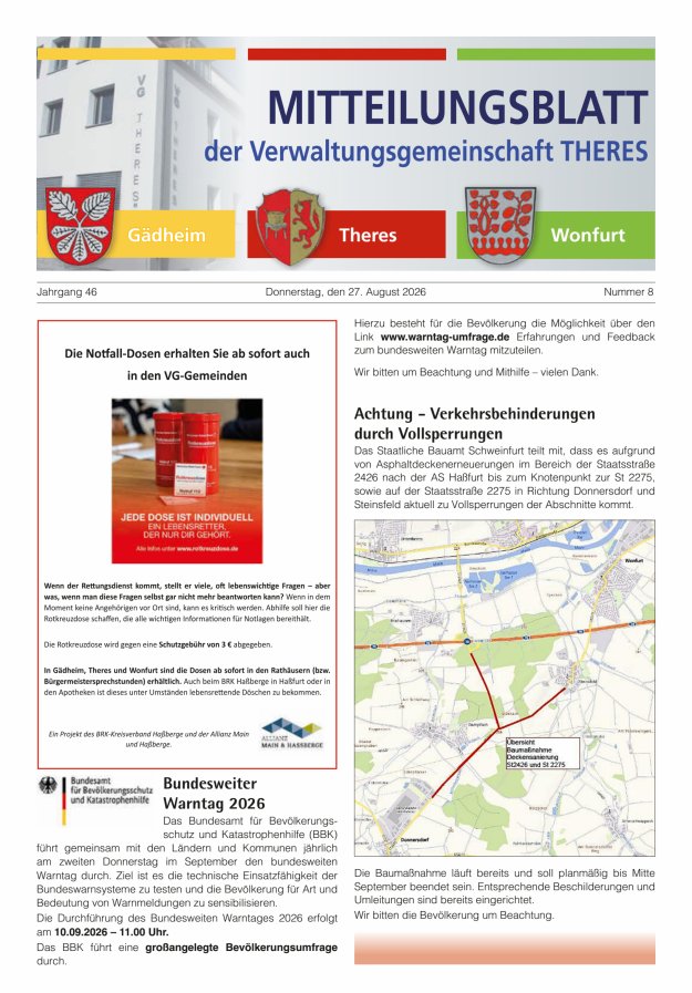 Mitteilungsblatt der Verwaltungsgemeinschaft Theres Titelblatt 08/2026