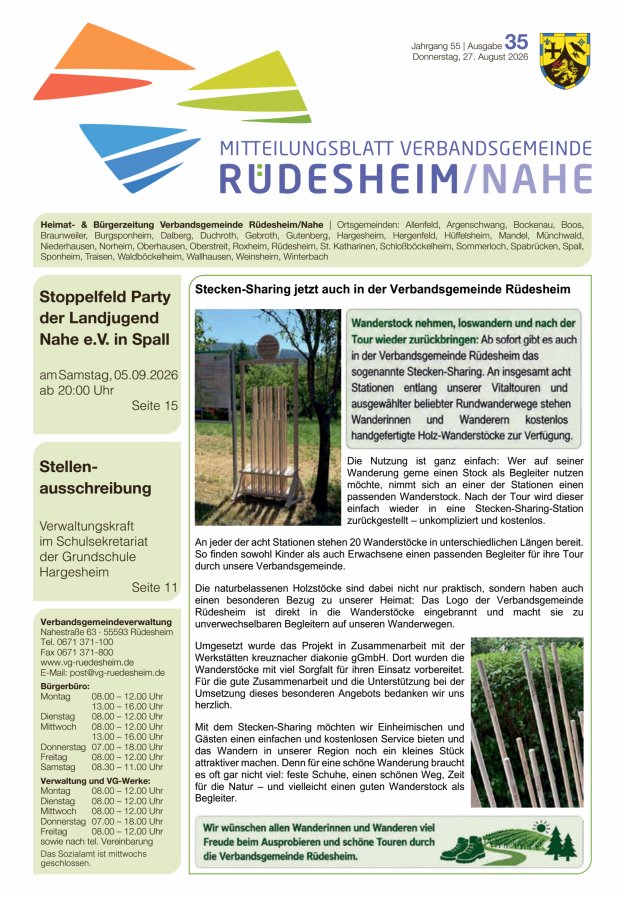 Mitteilungsblatt Verbandsgemeinde Rüdesheim und zugehörige Ortsgemeinden Titelblatt 35/2026