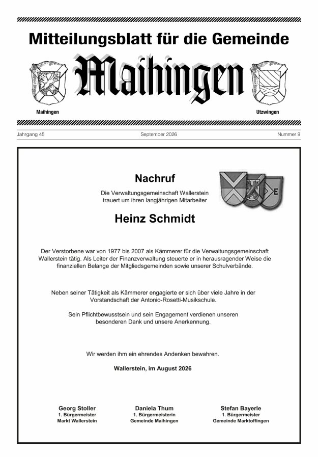 Mitteilungsblatt für die Gemeinde Maihingen Titelblatt 09/2026