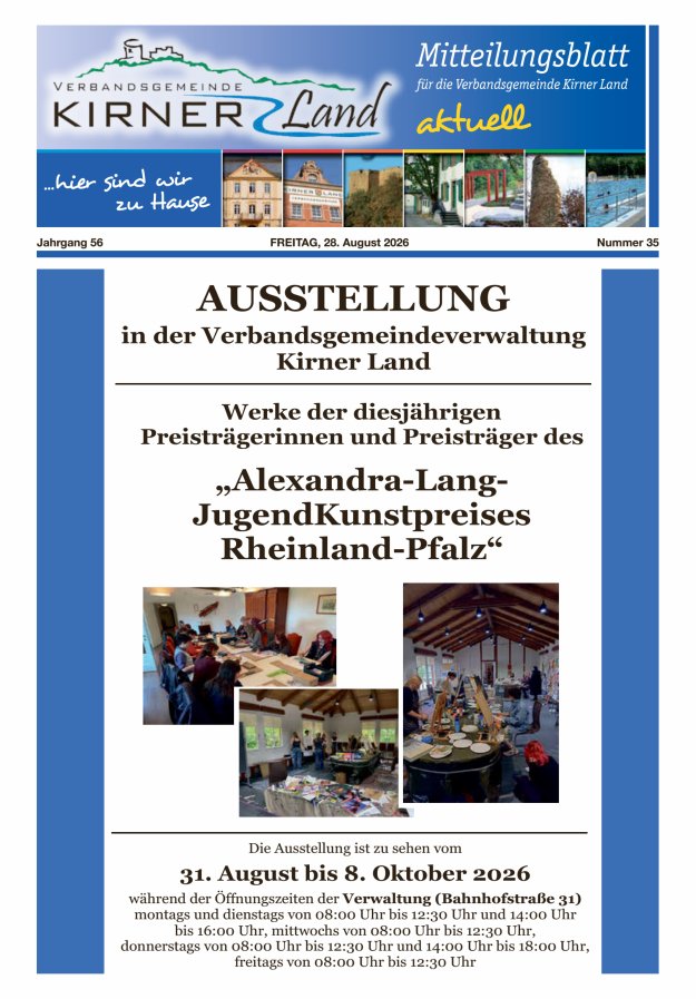 Mitteilungsblatt für den Bereich der Verbandsgemeinde Kirner Land Titelblatt 35/2026