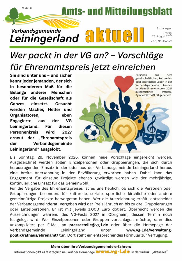 VG Leiningerland aktuell Titelblatt 35/2026