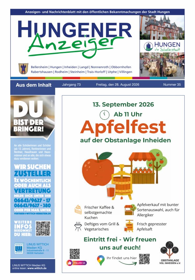 Anzeigen- und Nachrichtenblatt mit den öff  Bekanntmachungen der Stadt Hungen Titelblatt 35/2026
