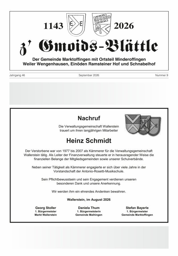 z'Gmoids-Blättle der Gemeinde Marktoffingen mit Ortsteilen Titelblatt 09/2026