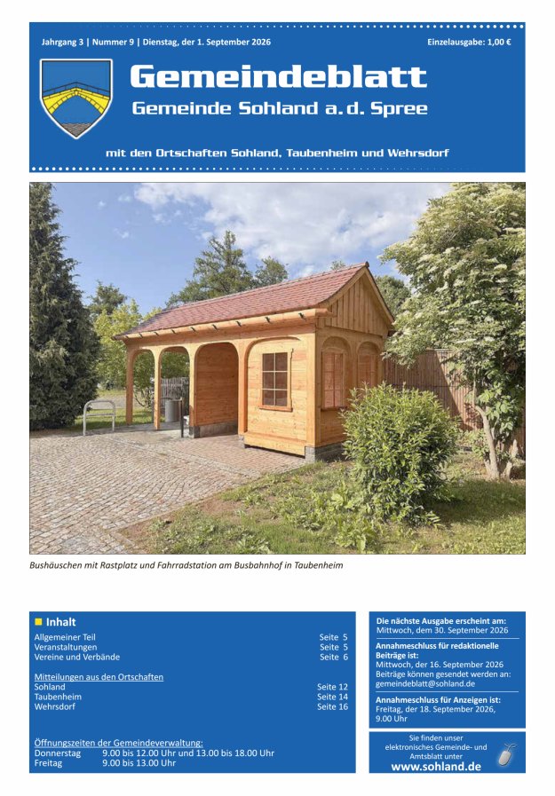 Amtsblatt der Gemeinde Sohland a. d. Spree mit den Ortschaften Sohland, Taubenheim und Wehrsdorf Titelblatt 09/2026