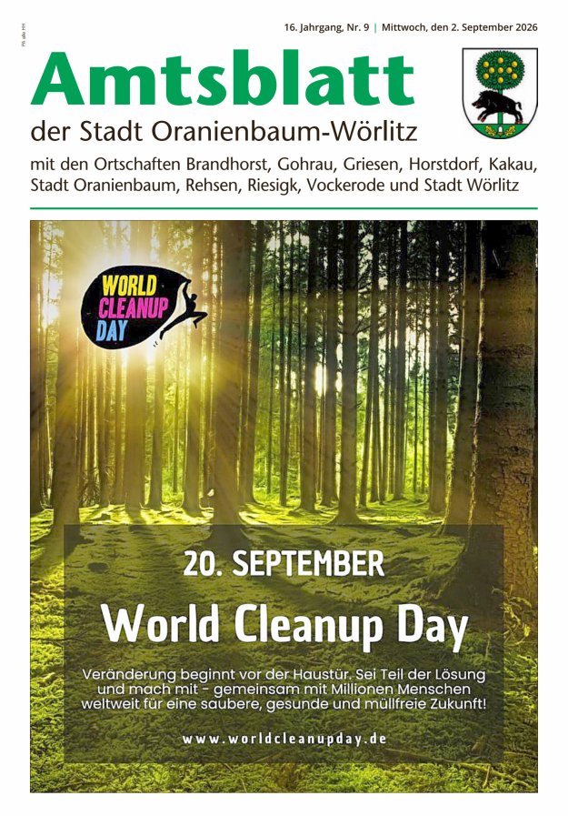 Amtsblatt der Stadt Oranienbaum-Wörlitz mit den Ortschaften Titelblatt 09/2026