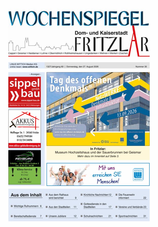 Wochenspiegel Dom- und Kaiserstadt Fritzlar Titelblatt 35/2026