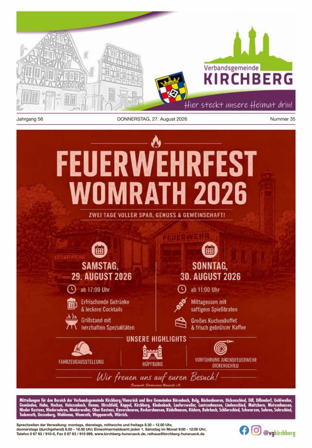 Mitteilungen der Verbandsgemeinde Kirchberg Hunsrück Titelblatt 35/2026