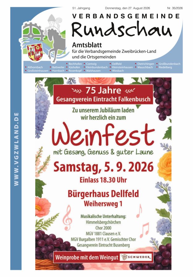 Verbandsgemeinde Rundschau Zweibrücken-Land Titelblatt 35/2026