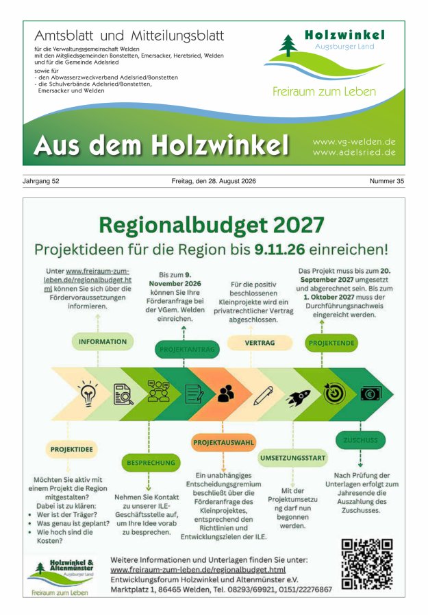 Aus dem Holzwinkel Amtsblatt u Mitteilungsblatt f VG Welden u GemAdelsried Titelblatt 35/2026