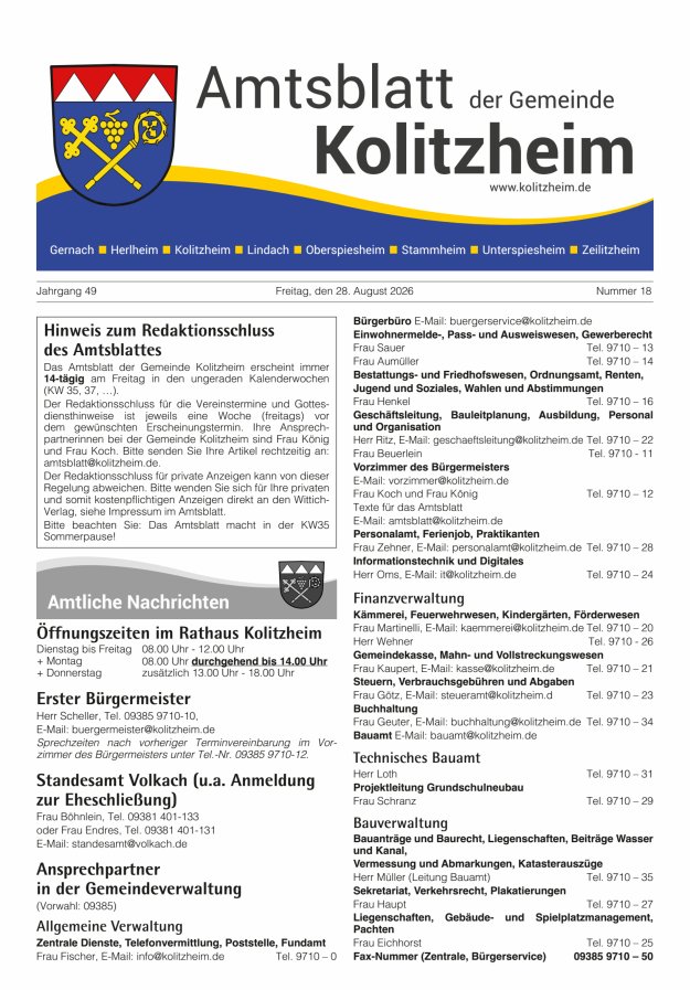Amtsblatt der Gemeinde Kolitzheim Titelblatt 18/2026