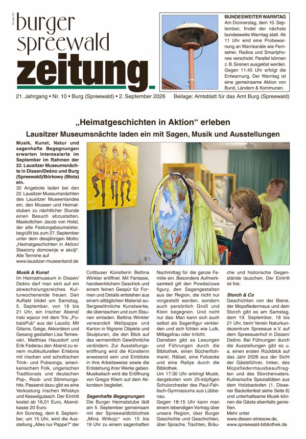 Burger Spreewald Zeitung - Amtsblatt für das Amt Burg (Spreewald) Titelblatt 09/2026